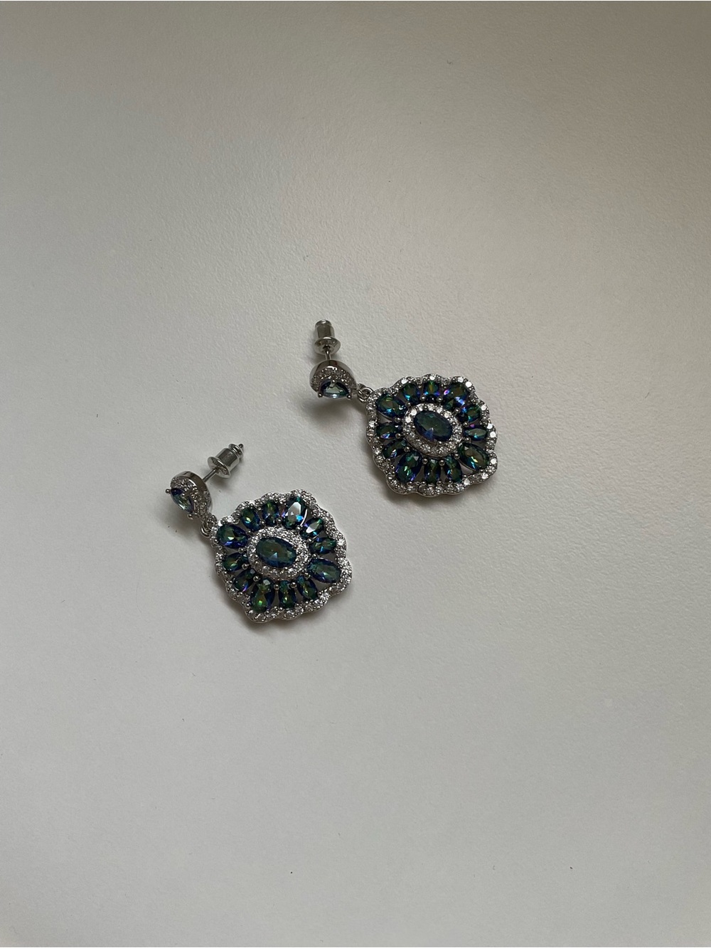 Silver-Tone Blue-Green Crystal Drop Earrings